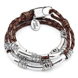 Lizzy James Maxi Braided Brown Leather Wrap Bracelet Etched Silver Crescents NWT